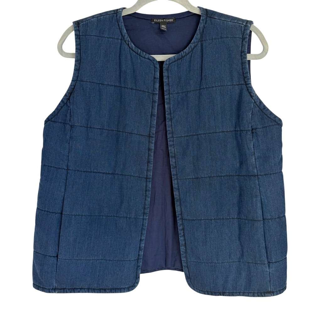 Eileen Fisher Quilted Denim Vest‎ Womens XS Blue Minimalist Lagenlook